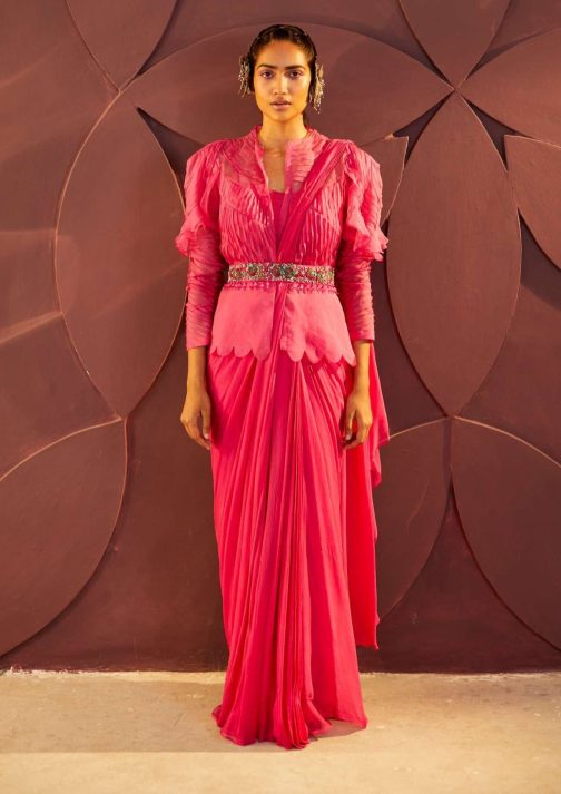 Little Wish - Fuchsia Pink Draped Sari Set for a Bold, Vibrant, and Elegant Appeal