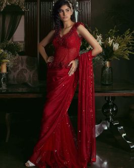 Little Wish - Red Draped Sari with Structured Corset Blouse for a Bold Look