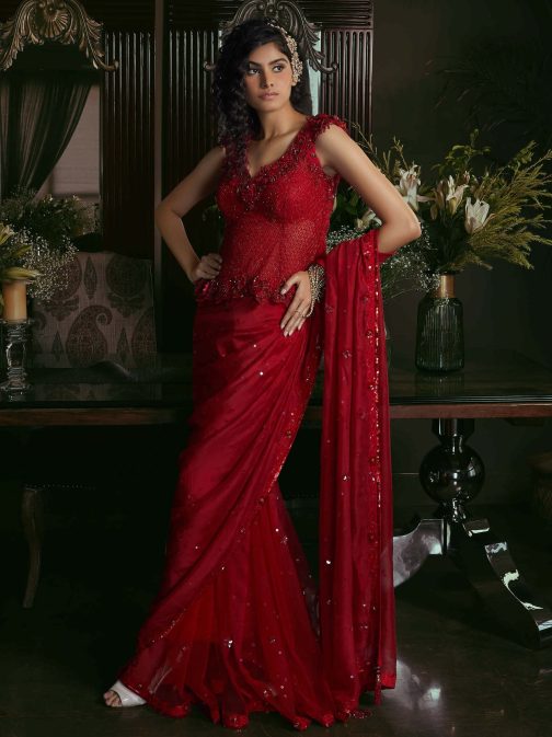 Little Wish - Red Draped Sari with Structured Corset Blouse for a Bold Look