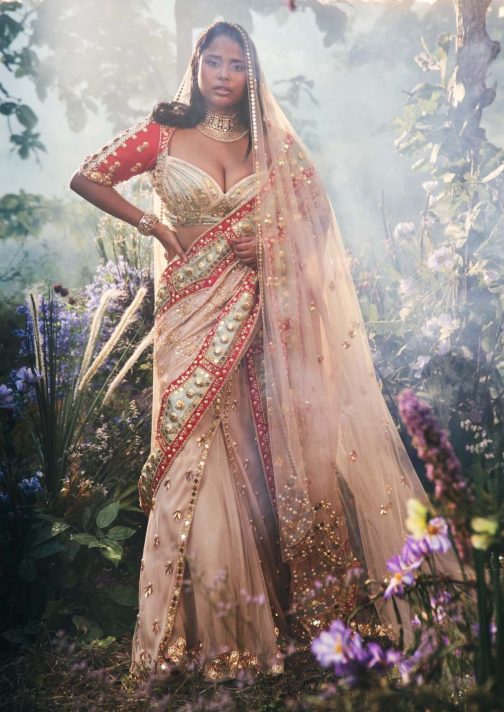 Little Wish - Ivory and Red Pre-Draped Sari Set with Contrast Detailing for a Bold Statement