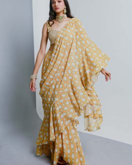 Little Wish - Yellow Draped Pant Saree Set with Modern Blouse Styling