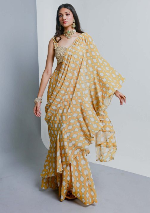 Little Wish - Yellow Draped Pant Saree Set with Modern Blouse Styling