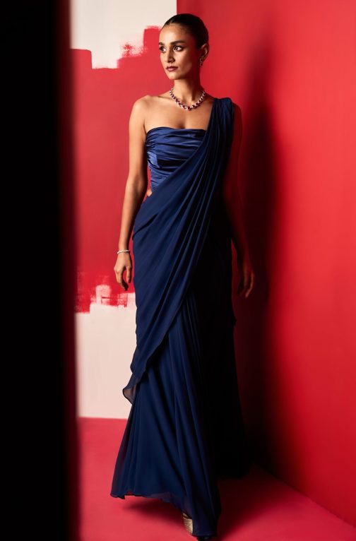 Little Wish - Shiza Navy Blue Draped Sari with Corset Blouse for a Trendy Look