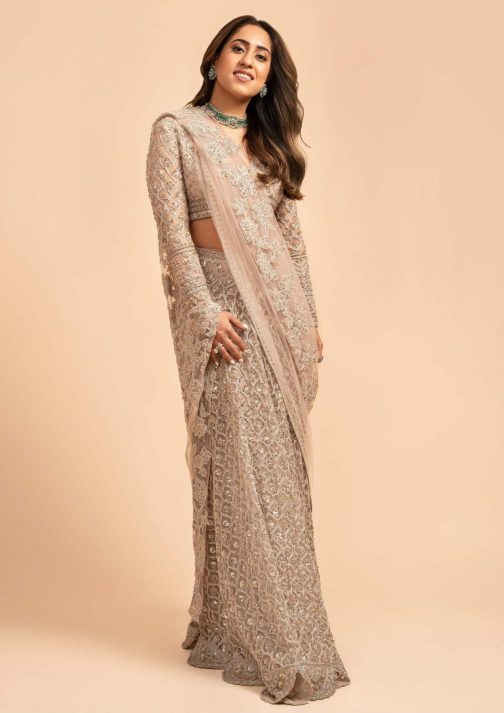 Little Wish - Maha Champagne Sari Skirt Set with Subtle Embellishments for a Sophisticated Look
