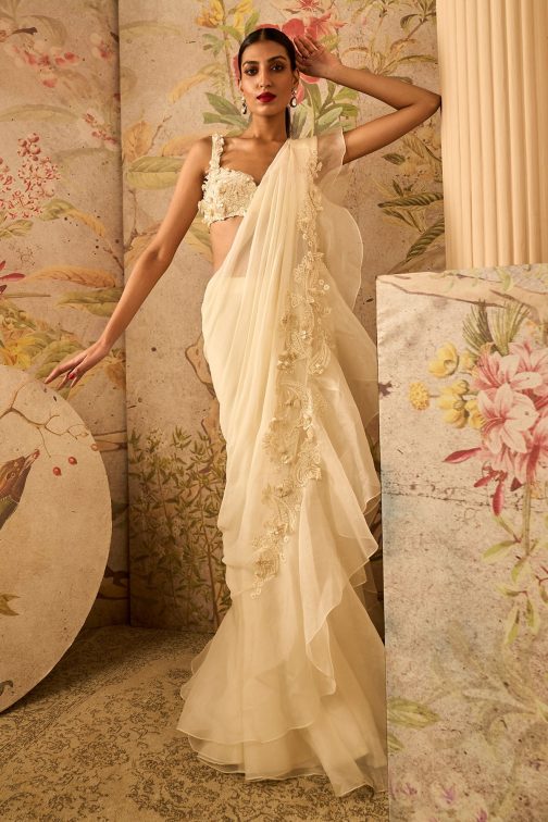 Little Wish - Dainty Ivory Draped Saree Set with Delicate Blouse Accents