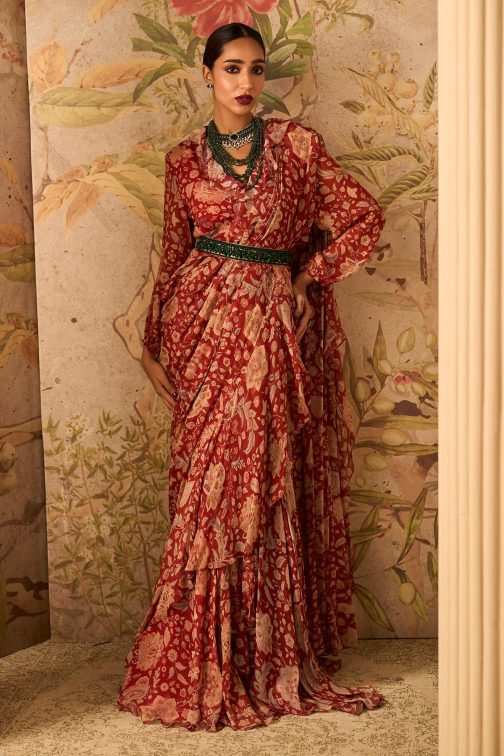 Little Wish - Regal Red Ochre Draped Saree and Jacket Set with Exquisite Detailing