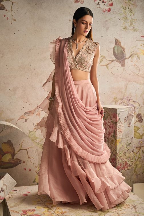 Little Wish - Femme Dusty Pink Draped Sharara Saree Set with Embellished Blouse