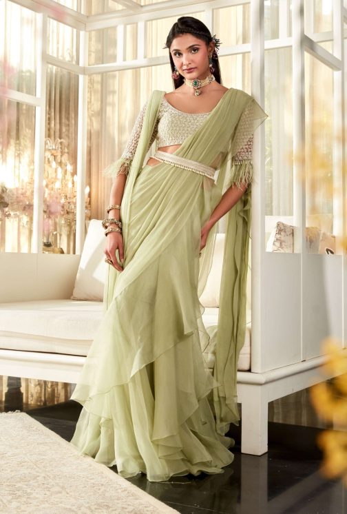 Little Wish - Jessamine Mint Green Draped Saree Set ? Refreshing and Stylish Attire for Special Events