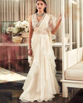 Little Wish - Elm Ivory Draped Saree Set ? Classic and Timeless Drape with a Touch of Sophistication
