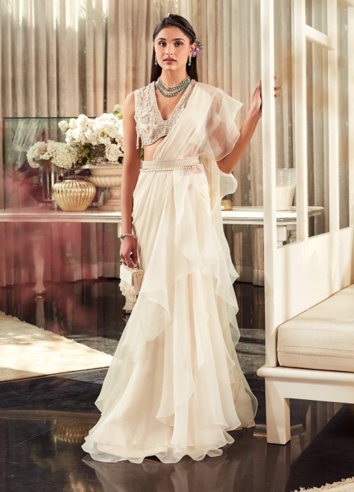 Little Wish - Elm Ivory Draped Saree Set ? Classic and Timeless Drape with a Touch of Sophistication