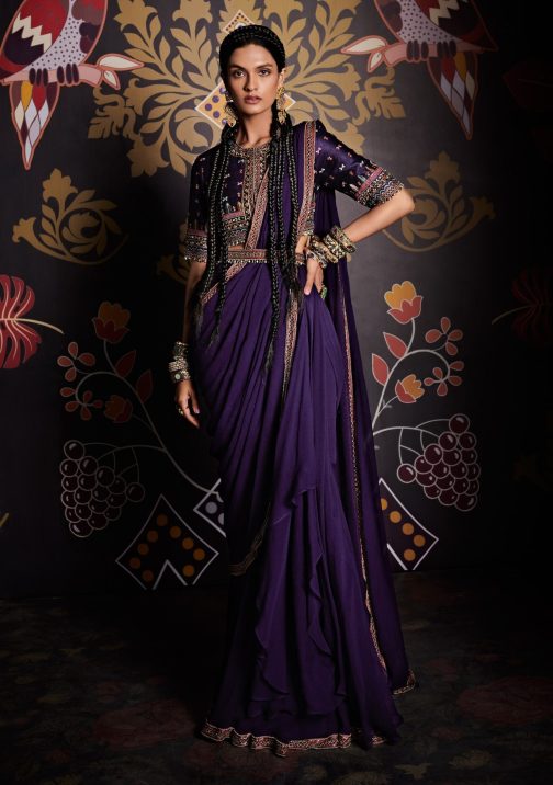 Little Wish - Basira Purple Draped Saree Set ? A Regal and Sophisticated Attire for Weddings and Parties