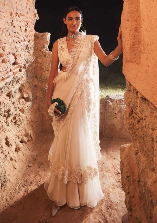 Little Wish - Ploma Ivory Draped Sari with Coordinated Blouse for a Classic and Chic Look