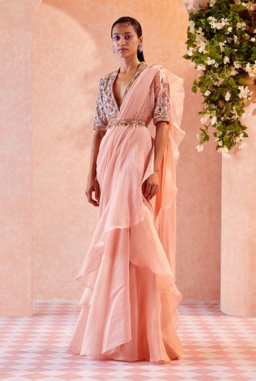 Little Wish - Peach Ambre Draped Saree Set ? A Soft and Warm Shade for a Graceful Appeal