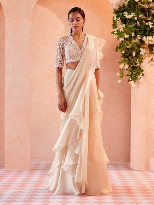 Little Wish - Ivory Arsema Ruffle Draped Saree and Blouse ? A Chic and Contemporary Style with Ruffles
