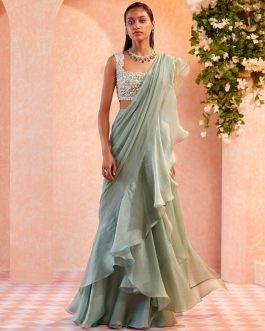 Little Wish - Sea Green Skyla Draped Saree and Blouse ? A Refreshing Shade with Modern Draping