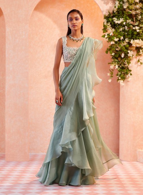 Little Wish - Sea Green Skyla Draped Saree and Blouse ? A Refreshing Shade with Modern Draping