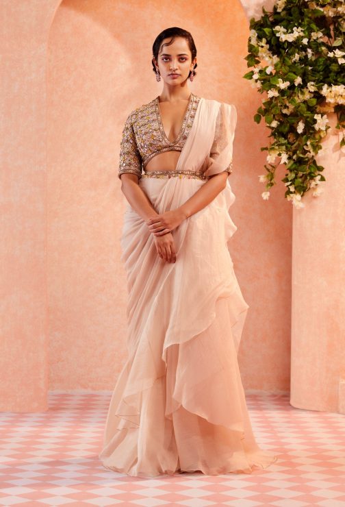 Little Wish - Ivory Adelina Ruffle Draped Saree Set ? A Classy and Sophisticated Draped Saree with Ruffles