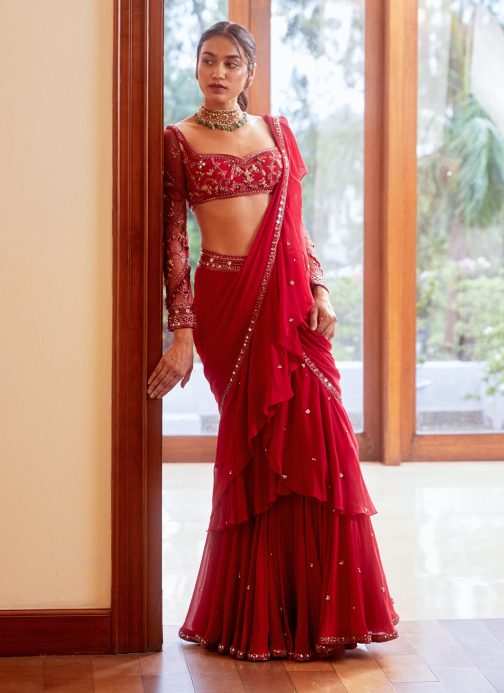 Little Wish - Fuchsia Pre-Stitched Ruffle Saree Set ? A Trendy and Graceful Drape with Flowing Ruffles