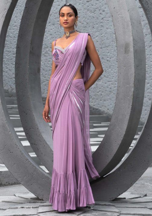 Little Wish - Lavender Foil Print Sari with Matching Blouse for a Subtle Shine