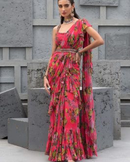 Little Wish - Raspberry Pink Printed Sari Set with Delicate Drapes and Details