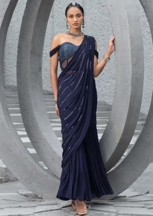 Little Wish - Navy Blue Sharara Sari with Corset Blouse for a Fusion Statement