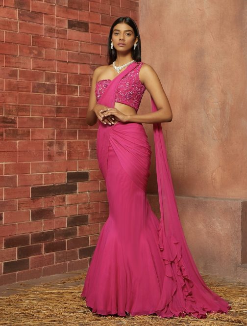 Little Wish - Magenta Thea Fishtail Saree Gown and Blouse ? A Glamorous Blend of Saree Elegance and Gown Silhouette