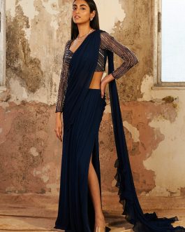 Little Wish - Marina Blue Pre-Draped Saree with Blouse ? Chic and Contemporary Draped Saree Look