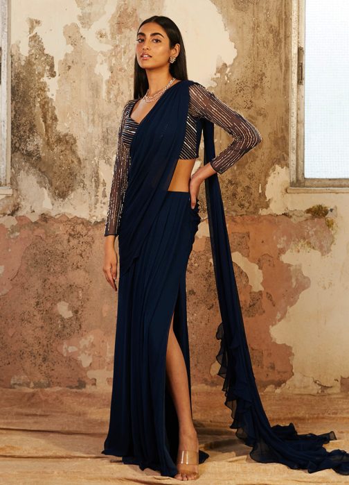 Little Wish - Marina Blue Pre-Draped Saree with Blouse ? Chic and Contemporary Draped Saree Look