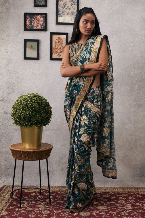 Little Wish - Green Mehr Draped Sari with Blouse for a Timeless and Versatile Ethnic Appeal