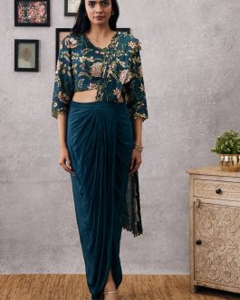 Little Wish - Green Mehr Cutwork Draped Sari with Blouse for a Fine and Intricately Designed Look
