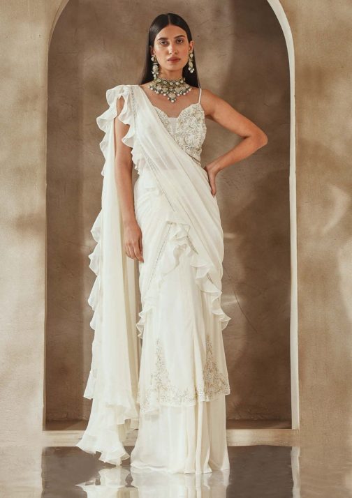 Little Wish - Ivory Draped Ruffle Saree Set with Delicate Blouse Embellishments