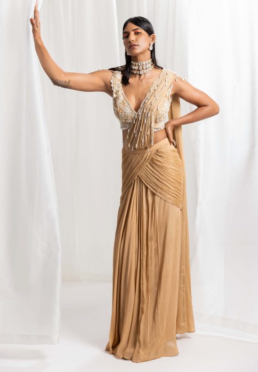 Little Wish - Dune Gold Pre-Draped Embellished Sari and Blouse for a Rich Appeal