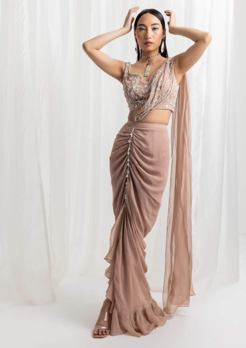 Little Wish - Dusty Pink Pre-Draped Embellished Sari with Coordinated Blouse