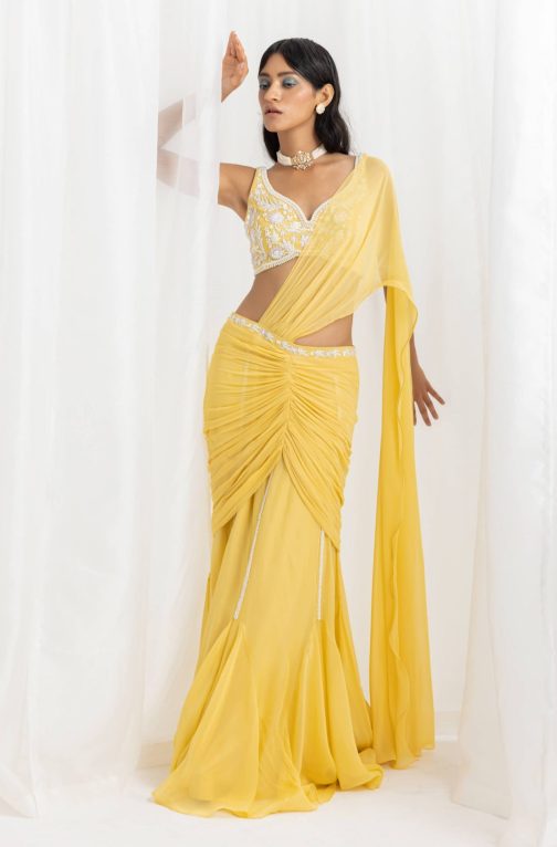 Little Wish - Yellow Pre-Draped Embellished Sari and Blouse for a Vibrant Look