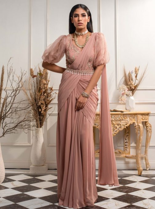 Little Wish - Dusty Pink Draped Saree Gown ? A Dreamy and Feminine Attire for Special Occasions