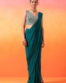 Little Wish - Emerald Green Pre-Stitched Sari and Blouse for a Classic Ethnic Look
