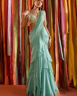 Little Wish - Mint Green Tiered Ruffle Sari with Blouse for a Unique Statement Look