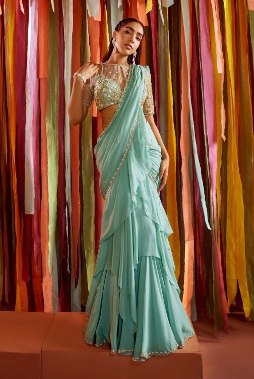 Little Wish - Mint Green Tiered Ruffle Sari with Blouse for a Unique Statement Look