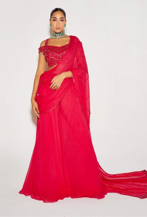 Little Wish - Hot Pink Tonal Sari Palazzo Set for a Fusion Ethnic-Chic Look