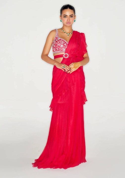 Little Wish - Hot Pink Ruffle Sari Set for a Bold and Vibrant Style Statement