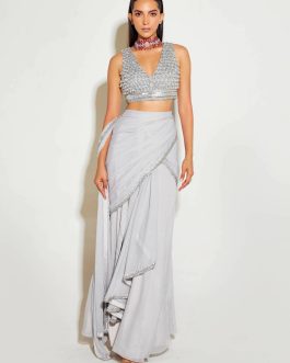 Little Wish - Grey Slit Sari and Matching Blouse for a Sleek, Modern Look