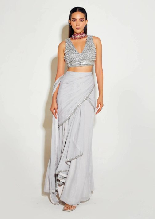 Little Wish - Grey Slit Sari and Matching Blouse for a Sleek, Modern Look