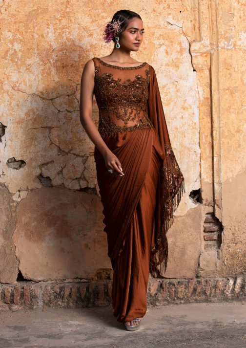 Little Wish - Dark Copper Draped Sari with a Modern and Sleek Silhouette