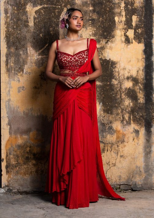 Little Wish - Red Georgette Draped Sari Set for a Classic and Vibrant Look