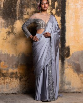 Little Wish - Grey Nude Draped Sari and Blouse for a Subtle and Chic Look