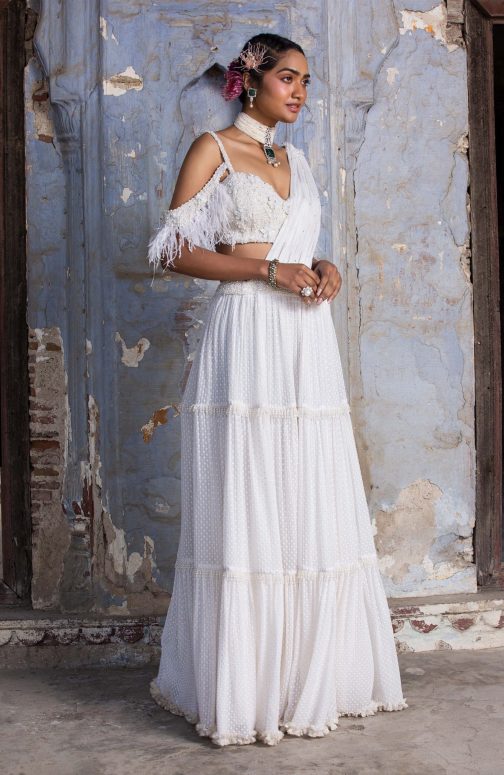 Little Wish - Ivory Tiered Draped Sari with Blouse for a Flowing and Graceful Look