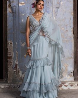 Little Wish - Powder Blue Organza Draped Sari with Matching Blouse for a Delicate Appeal