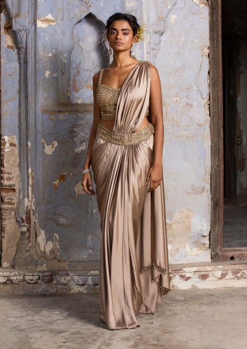 Little Wish - Mocha Satin Draped Sari and Blouse for a Smooth, Luxurious Finish