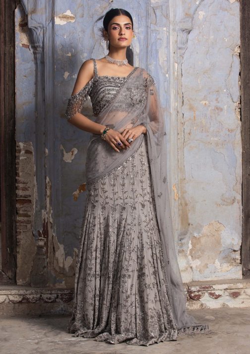 Little Wish - Grey Georgette Draped Sari and Blouse for a Subtle, Minimalist Style