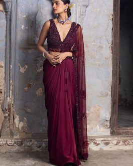 Little Wish - Burgundy Satin Draped Sari with Coordinated Blouse for an Opulent Look